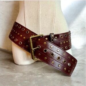 Express Womens Wide Brown Genuine Leather Grommet Studded Belt Brass Buckle M